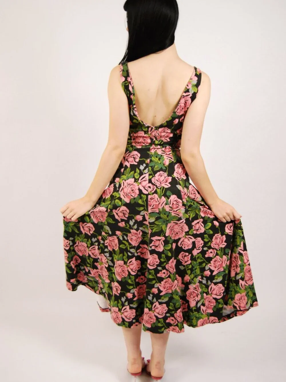 Y2K Betsey Johnson Maxi Dress (S) small black pink vintage rose floral tank chic - Picture 3 of 9